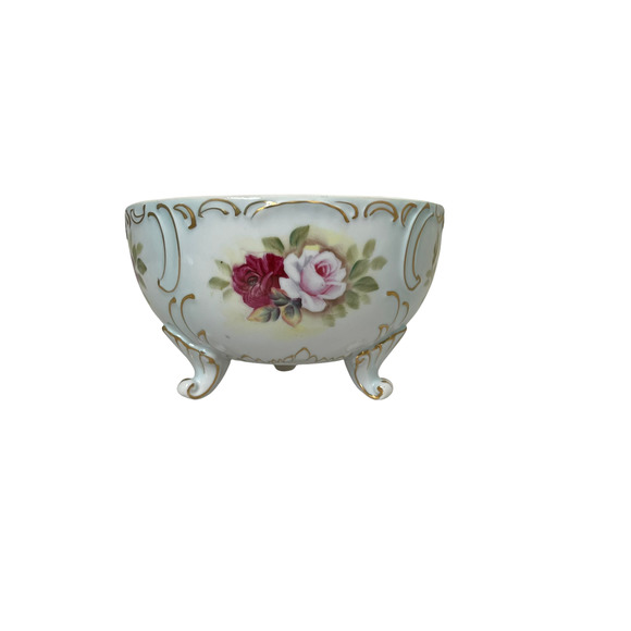 Unmarked Other - Vtg. Hand‎ Painted Candy Dish On Legs 4" Tall X 6" Opening With Roses Gold Trim
